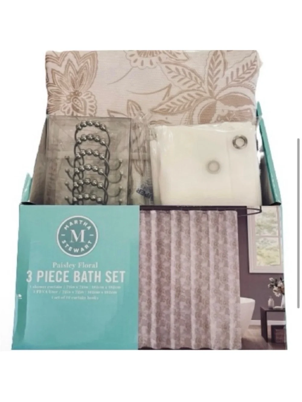 🆕- Martha Stewart 3 Piece Shower Curtain Bath Set.  New in Packaging